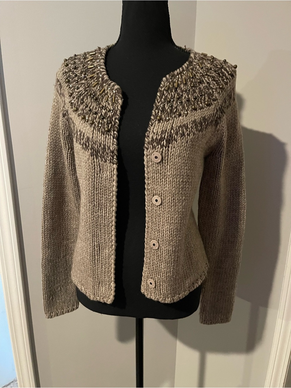 J. Jill Beaded Taupe Mix Knit Cardigan